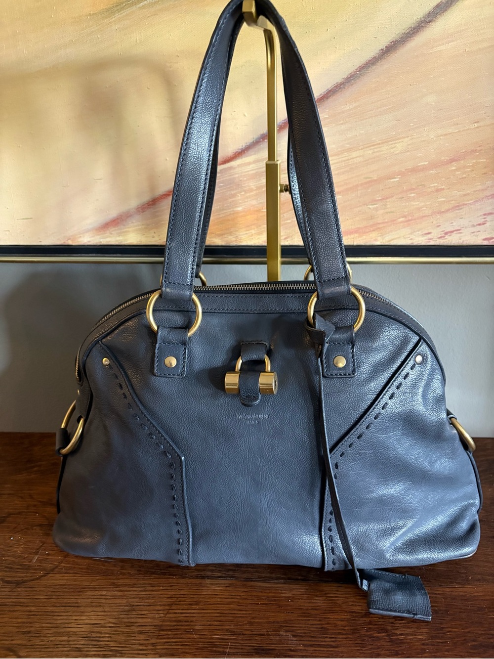 AUTHENTIC YSL Yves Saint Laurent Large Muse Gray Leather Bag + COA